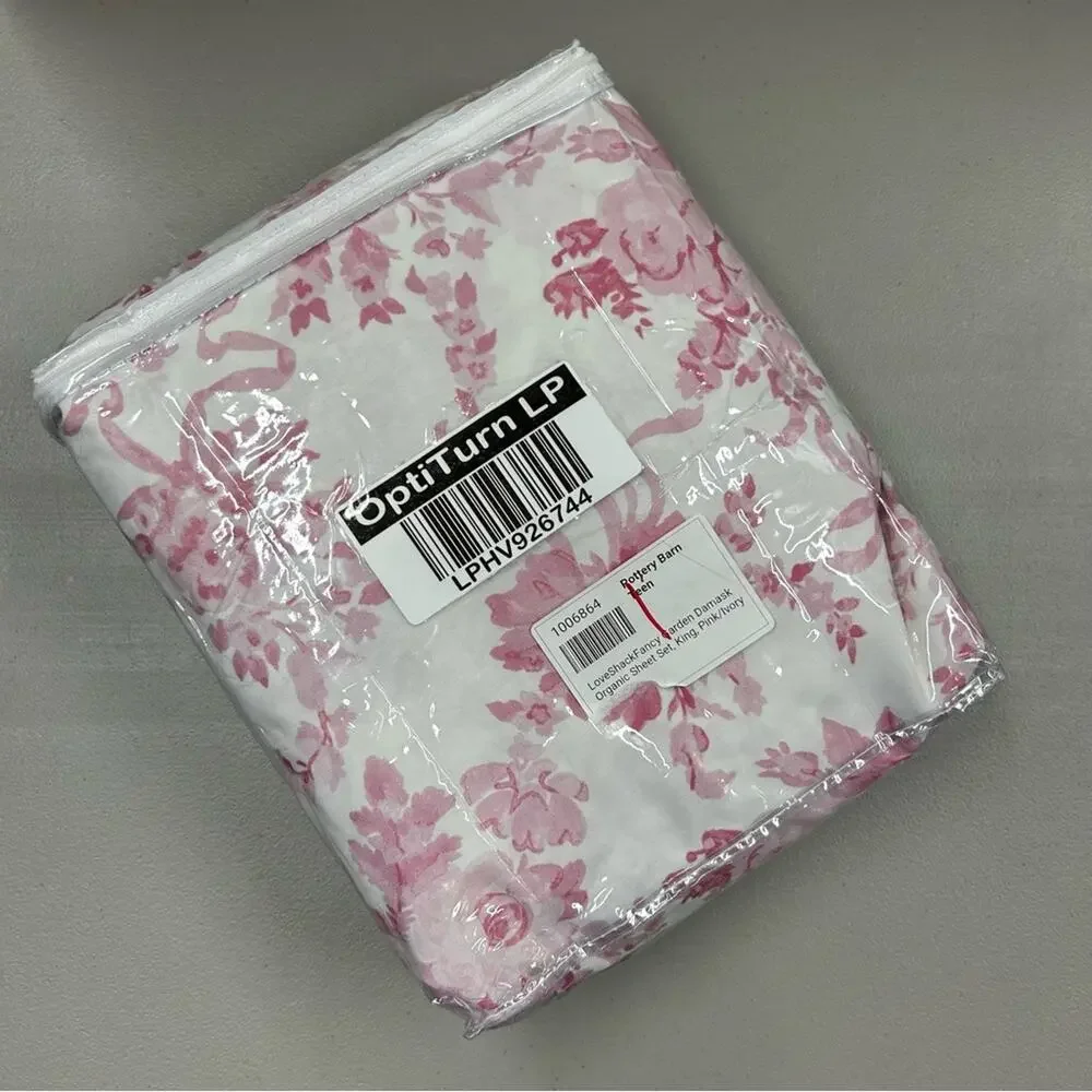 LoveShackFancy Garden Damask Organic Sheet Set Cotton Percale King Pink NEW